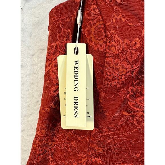 NWT Red Satin Strapless Wedding Prom Dress Lace and Sheer Overlay XS/S - Picture 3 of 11